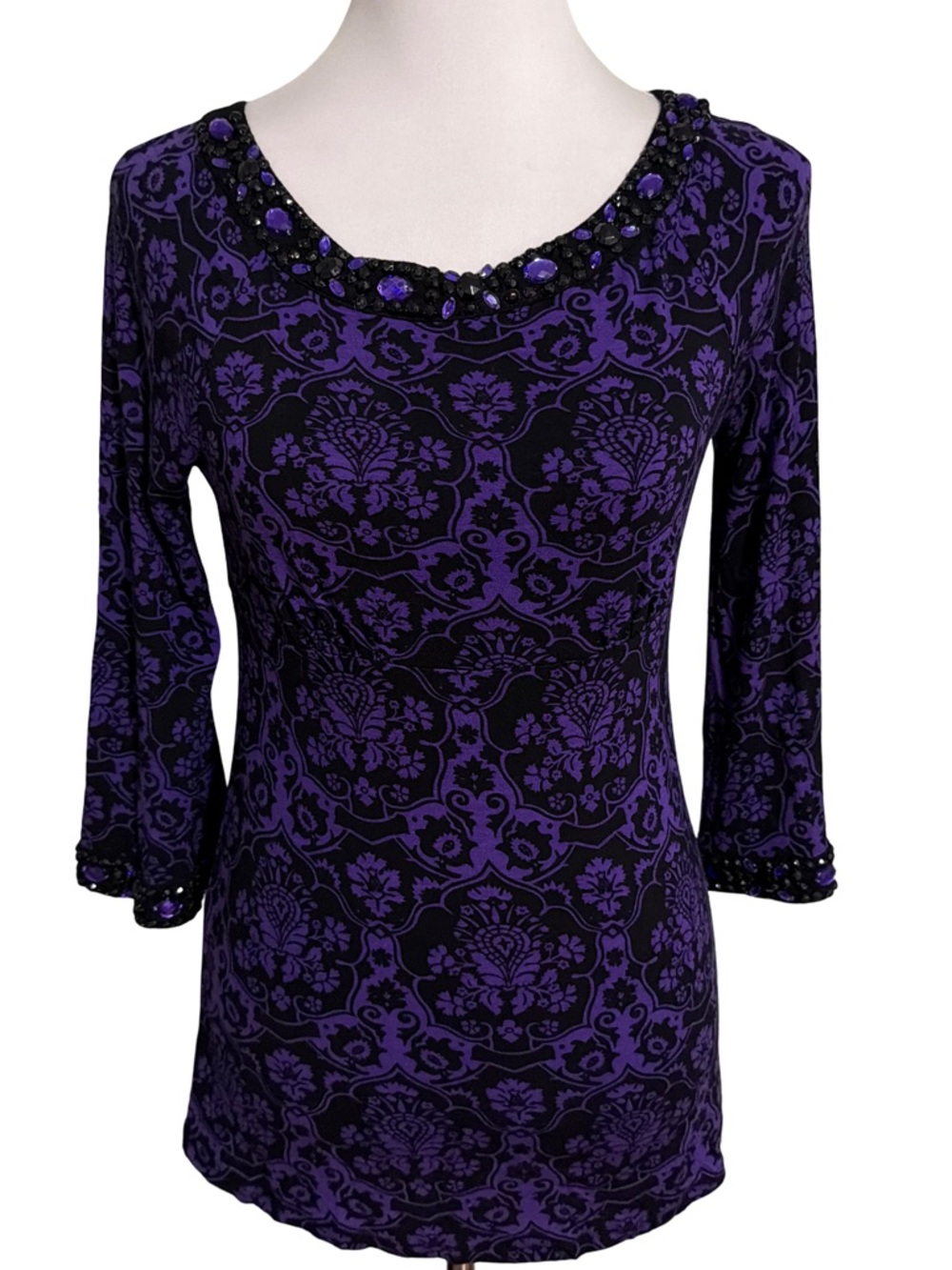 INC International Concepts Purple Black Beaded Scoop Neck Top